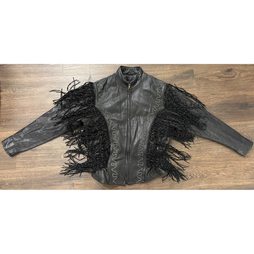 A.M. Bernardo Leather Jacket Women L Black Fringe Studded Western NWOT